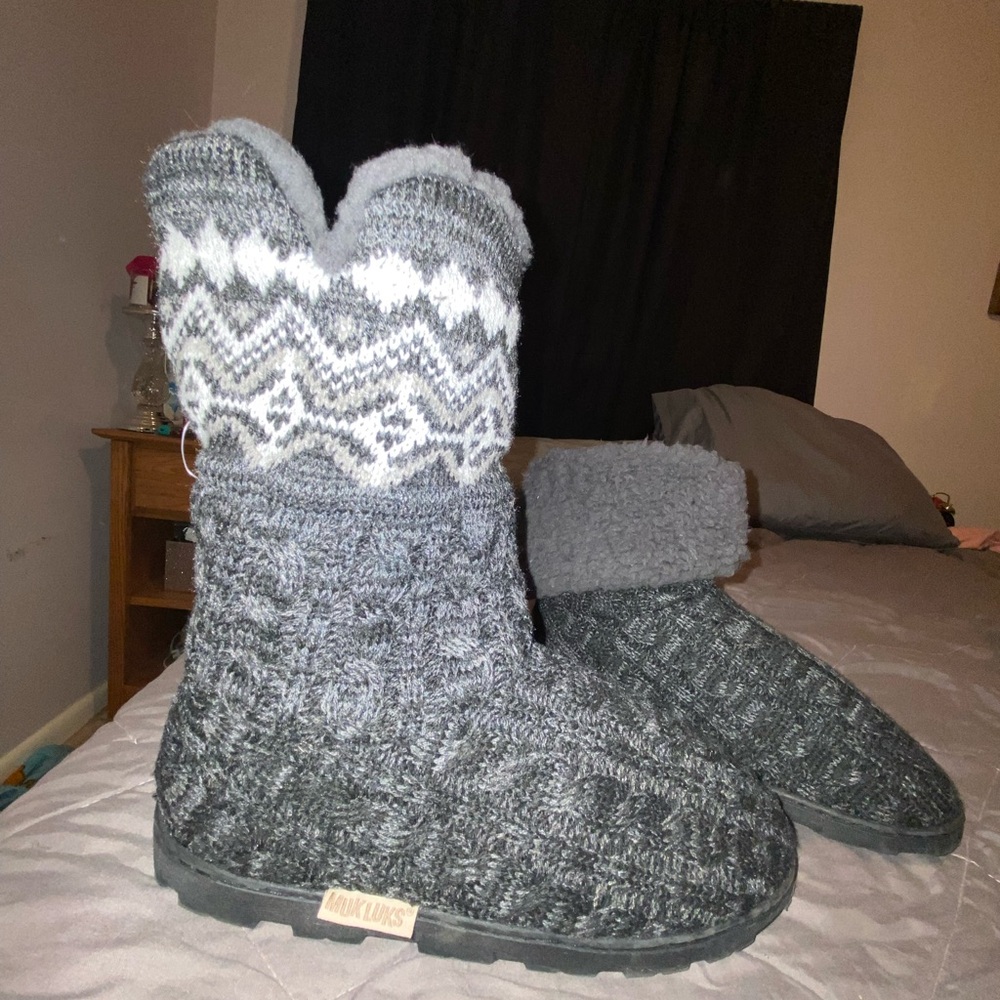 Gray and white boots